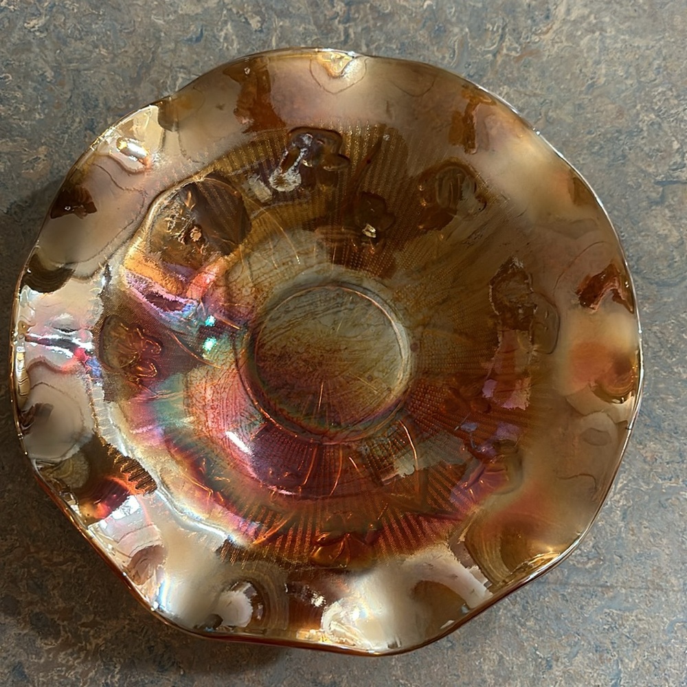 VINTAGE 1950'S MARIGOLD IRIDESCENT CARNIVAL GLASS BOWL - WAVY EDGE PATTERN - Picture 2 of 6